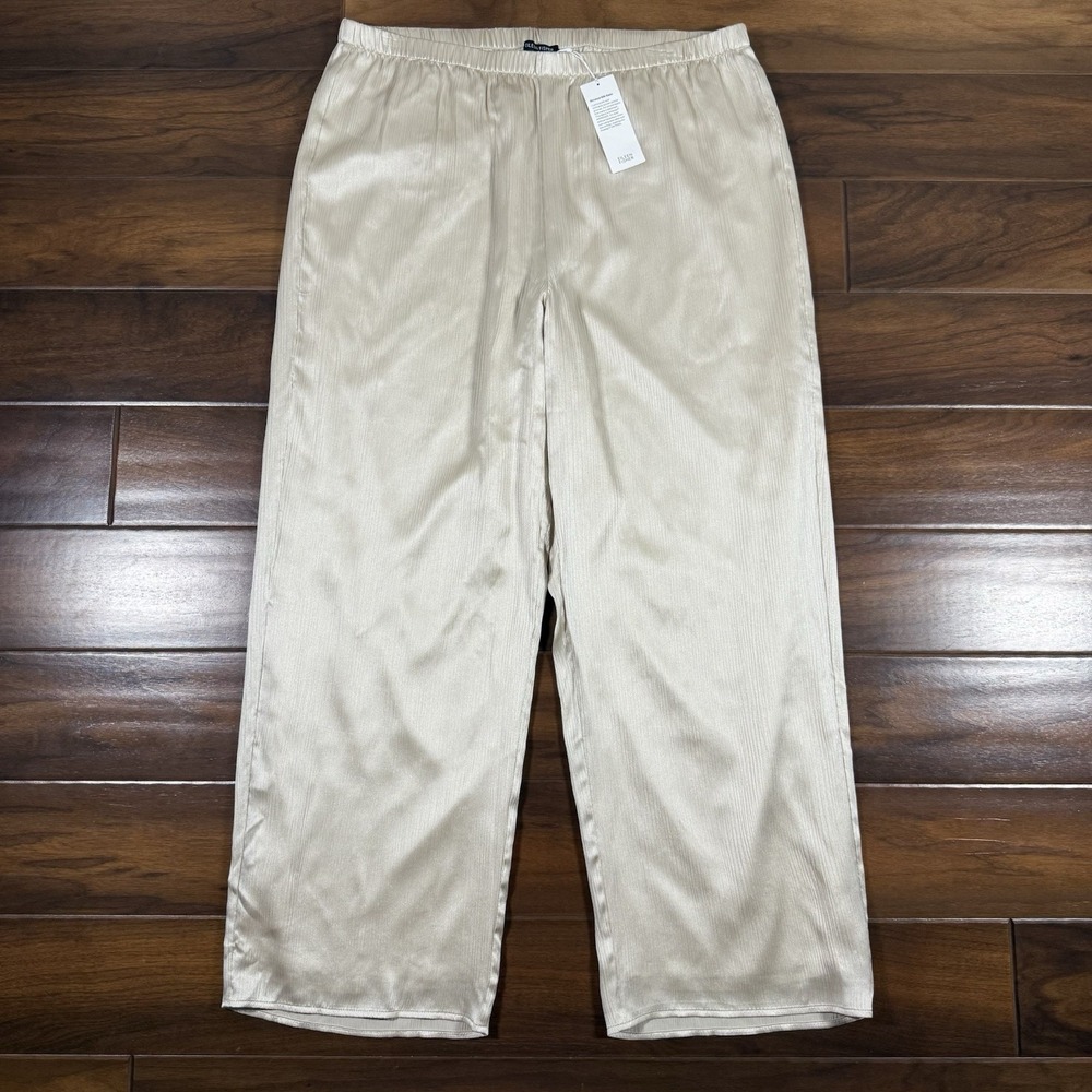 Eileen Fisher Women's Size Large Almond Striated‎ Silk Satin Straight Pants